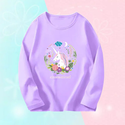 3~14Years Girl's Spring Autumn T-shirts Baby Girl Long Sleeve Cotton T-shirts Children Purple Cute Unicorn Tee Tops