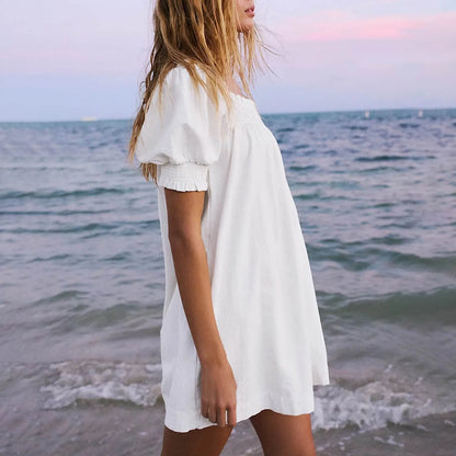 Womens Summer White Mini Dress A Line Beach Dress Sleeveless Casual Loose Dress With Pockets Vestidos Femme Robe