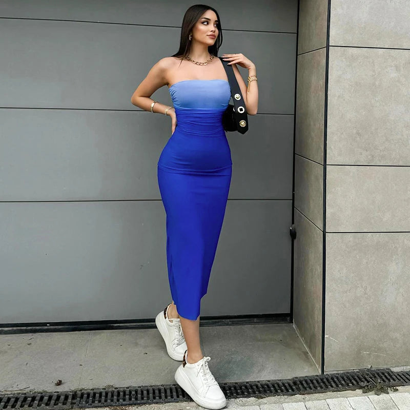 CUTENOVA Gradient Strapless Backless Sexy Long Dress Fashion Women Sleeveless Off Shoulder Bodycon Club Party Dresses Summer 202