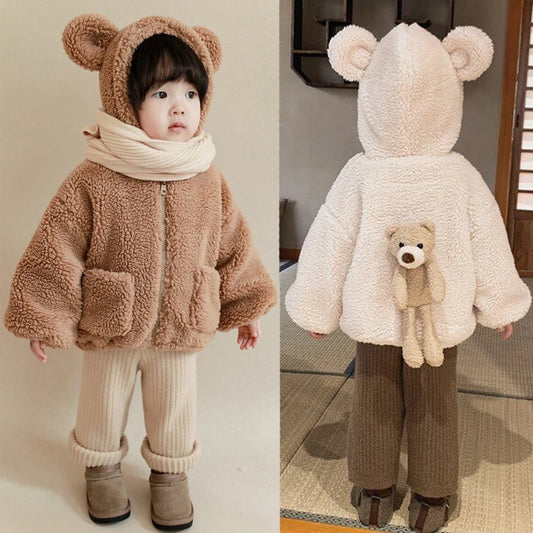 Winter Autumn Baby Girls Jacket Solid Color Plush Thick Keep Warm Lamb Wool Hooded Coats For 1-6 Years Kids Fashion Outwear