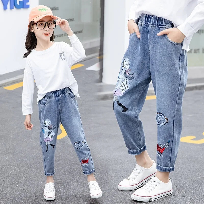 2024 Girls Students Jeans spring autumn Korean Wild Loose cartoon print Elastic Waist Straight Thin Wide-leg jeans 3-12Y