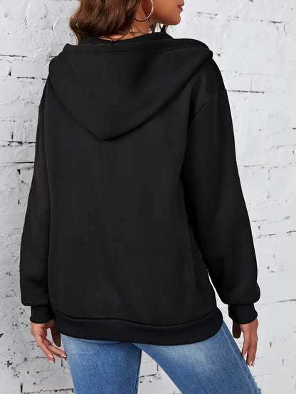 Solid Drawstring Hoodie For Women Autumn And Winter Velvet Thickened Long-sleeved Zip Sweatshirt