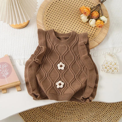 Spring Autumn baby girls sweater vest children Flower shaped fungus edge knitted Vest Kids sleeveless O-Neck waistcoat