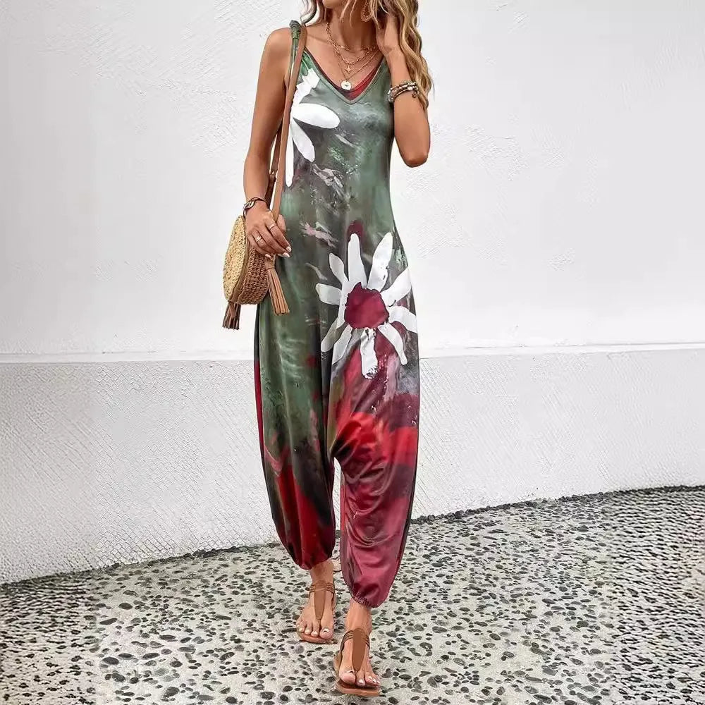 2024 Spring/Summer AliExpress Cross border European and American New Women's Fashion Printed Sleeveless V-neck jumpsuit for wome