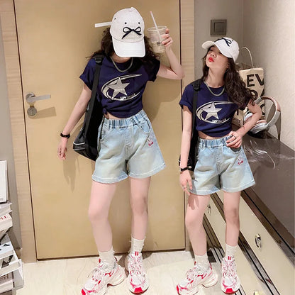 Teen Girls Denim Shorts New Summer Clothes New Arrivals Children's High Waist Fashion Turnup Shorts 5 7 9 11 12 13 14Years Old