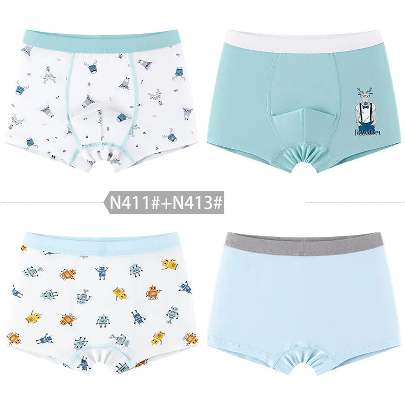 4 Pcs High Quality Children's Underwear for Kids Cartoon Cat Shorts Soft Cotton Underpants Boys Teenage Striped Panties 4-16T