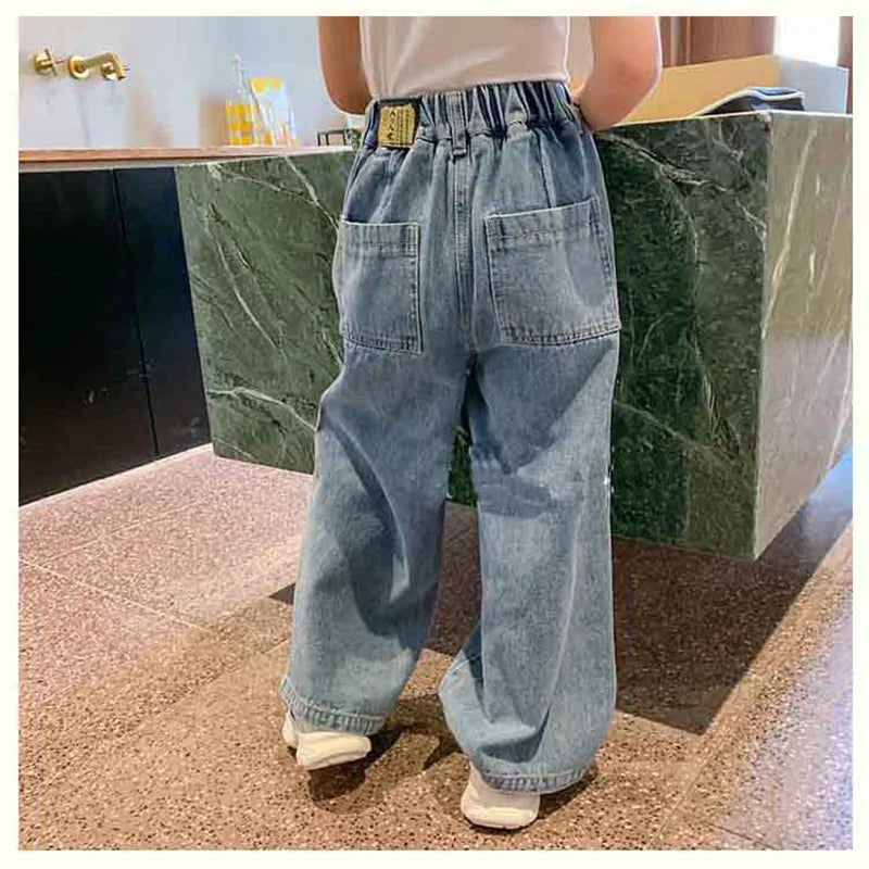 MILANCEL New Autumn Kids Jeans Girls High Waisted Wide Leg Pants Children Ripped Trousers