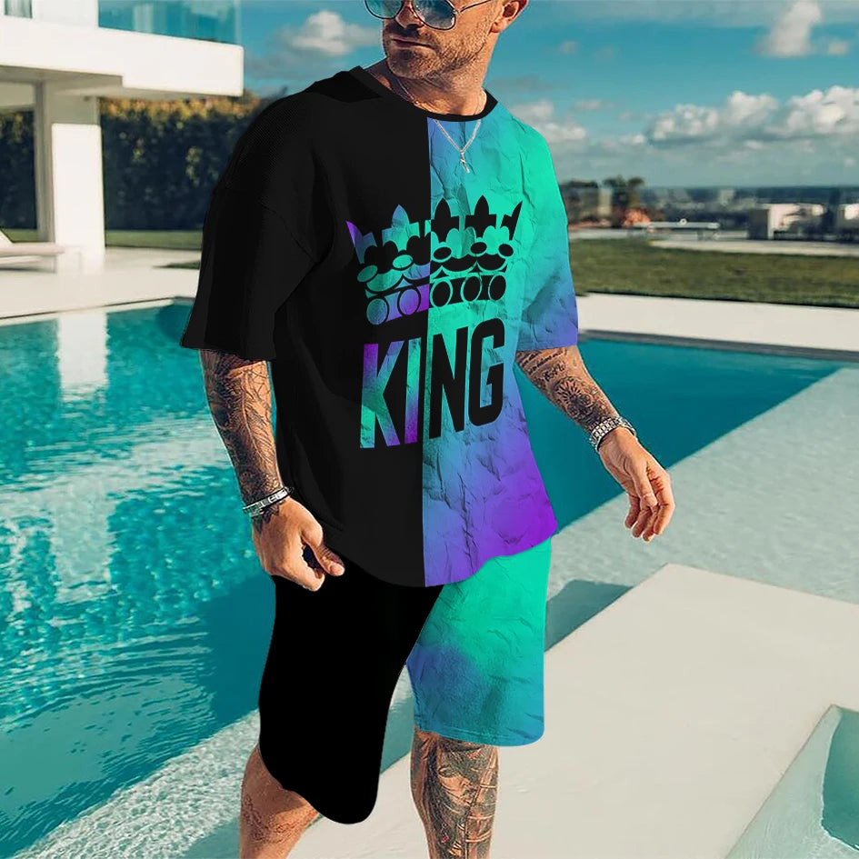 Summer Men Fashion T-Shirt Shorts Set 3D King Printed Tracksuit Male 2 Pieces Fashion Outfit Man Casual Jogging Suit Clothing