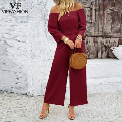 VIP FASHION Apricot Women Jumpsuits Spring Summer Office Lady Wear Burgundy Dark Brown Folds Casual Suit Wide Leg Pants Clothing