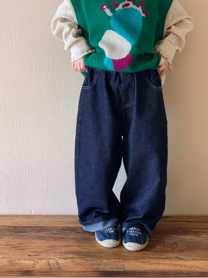 2024 Autumn New Children Loose Denim Straight Trousers Solid Baby Girls Casual Wide Leg Pants Fashion Jeans Kids Clothes