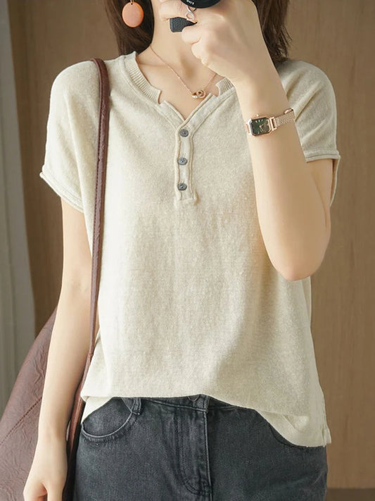 Short Sleeves Womens T-shirt Button V Neck Cotton Linen Loose Tshirt for Female Basic Solid Casual Top Tees Summer