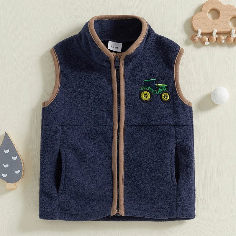 Kids Winter Warm Sleeveless Stand Collar Zip Up Tractor Embroidery Fleece Vest Jacket for Boys Casual Outdoor Coat