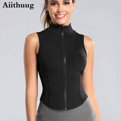 Aiithuug Athletic Zip Up Sweat Vest Jacket Sleeveless Running Yoga Tops High Neck Shirts Sports Top Fitness Women Workout Tops