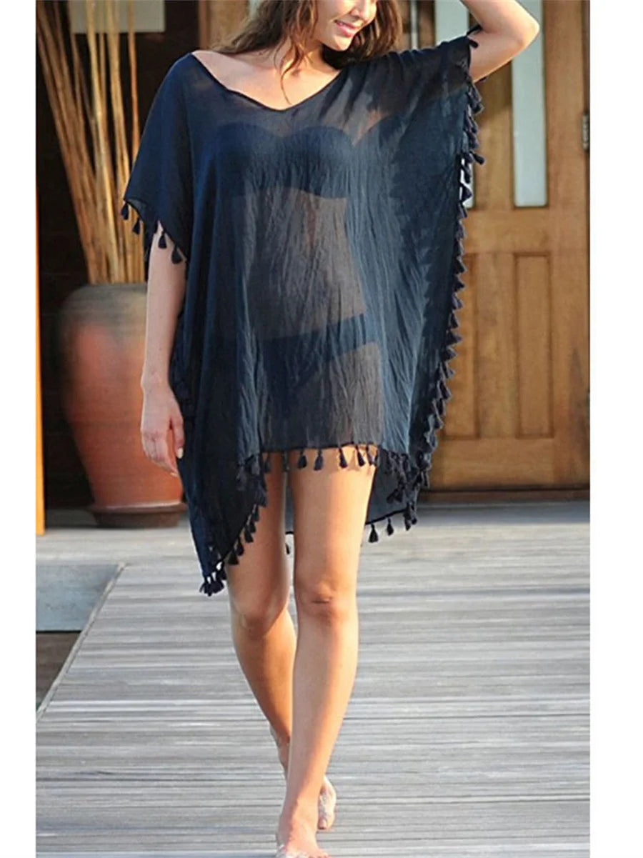 Women Chiffon Beachwear Tassel Bikini Cover Up Short Beach Dress Solid See-Through Swimsuit Summer Casual Swimwear