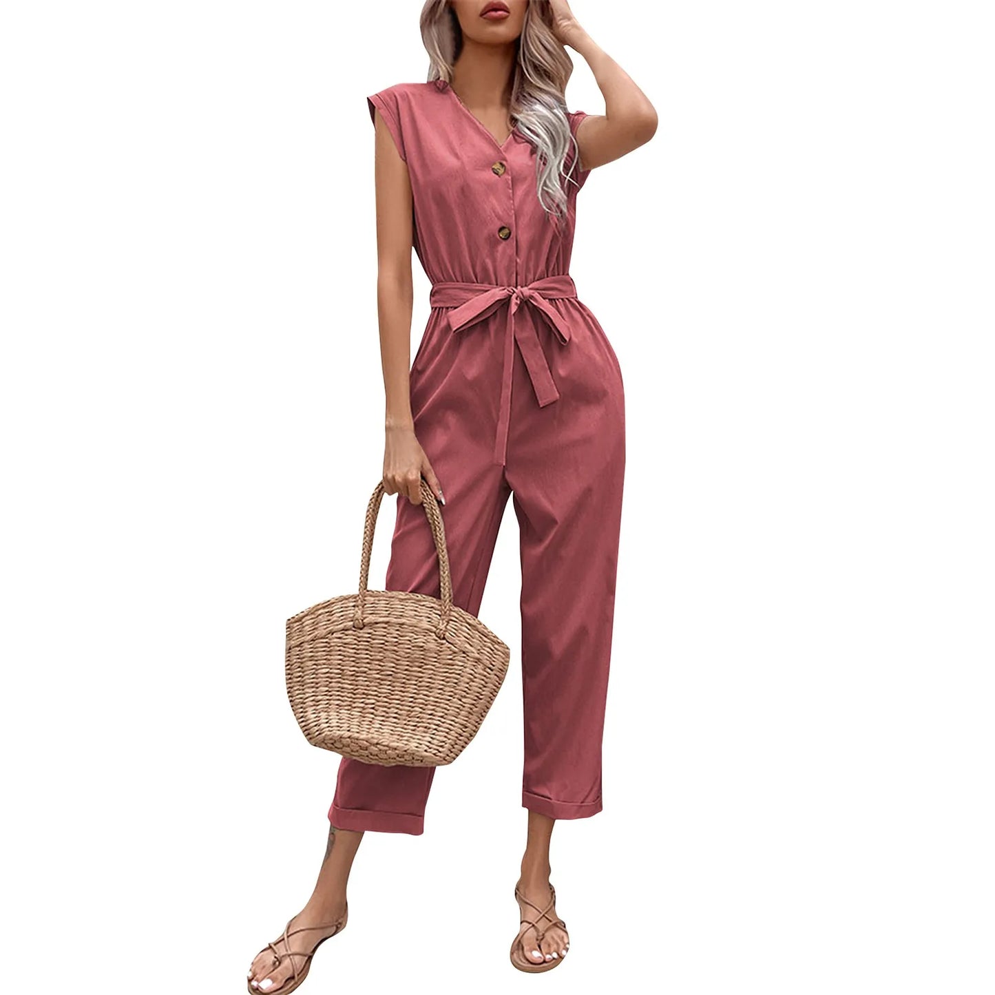 Summer Fashion Short Sleeve Jumpsuit Women Loose Cropped Pants Jumpsuit Women's Solid Color Casual V-neck Jumpsuit vestidos para