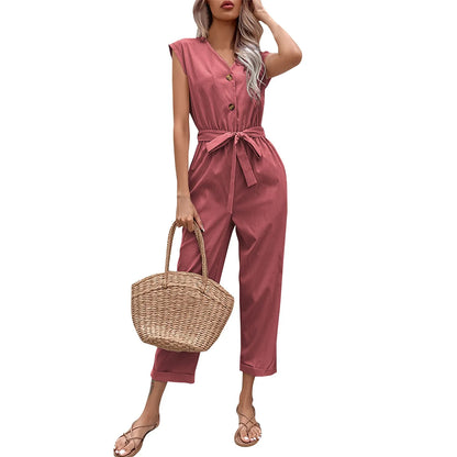 Summer Fashion Short Sleeve Jumpsuit Women Loose Cropped Pants Jumpsuit Women's Solid Color Casual V-neck Jumpsuit vestidos para