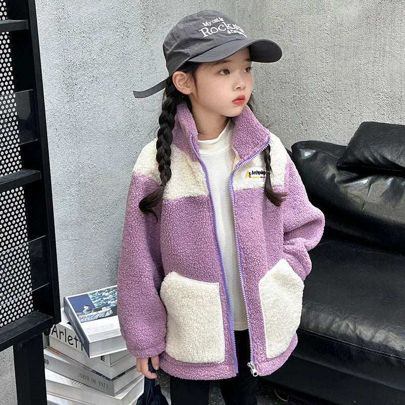 Children LambWool Warm Outerwear Boys Girls Autumn Winter Jackets Kids Plus Velvet Outer Clothing New Fashion Casual Coats