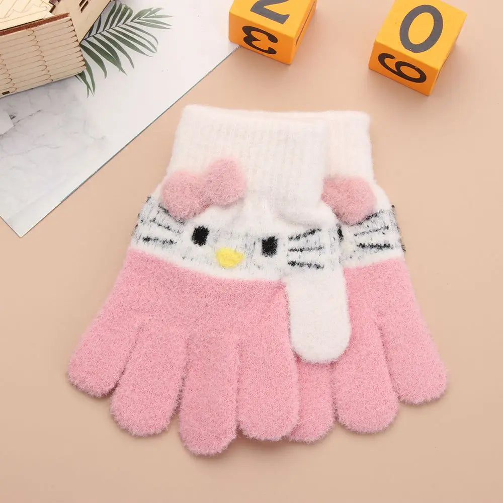 Cute Cat Design Kids Gloves Full Fingers Knitted Gloves Boys And Girls Winter Warm Mittens for 4-10 Years Kids