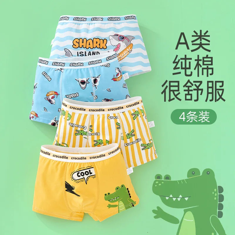 4PCS Boy Cotton Soft Antibacterial Panties Kid Cartoon Dinosaur Print Knickers Thin Breathable Briefs 3+y Young Child Underwears