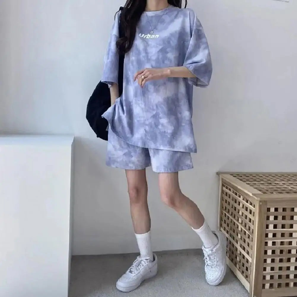 2 Pcs/Set Women T-shirt Shorts Set Tie-dye Sleeves Mid Length Top Shorts Suit Elastic Waist Mini Loose Female Outfit Daily Wear