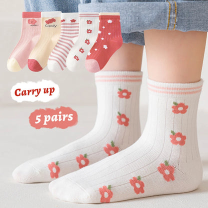 5Pairs 1-16Years Girls Cotton Mid-tube Socks Woman Children's Clothes For Autumn Classic Ports Socks Fashion High-Elastic