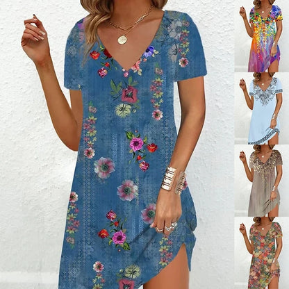 2023 Fashion Plus-Size Dress Casual Loose V-Neck Ladies Summer Print Party Women's New Summer Pullover Short Sleeve Dress