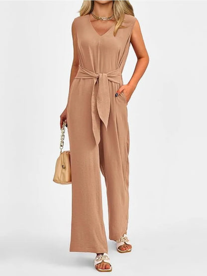 Women's Fashionable and Elegant Style Solid Color Women's Clothing Elegant V-neck Wide Leg Jumpsuit Sleeveless Jumpsuit