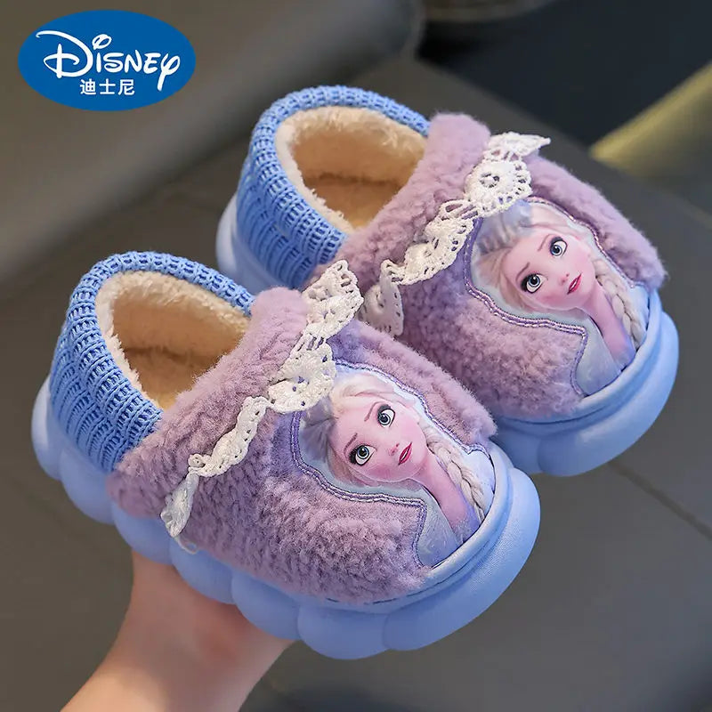 Disney Princess Elsa Frozen Slippers for Girls in Autumn Winter Indoor Warmth Non slip Children's Plush Cotton Blue Purple Shoes