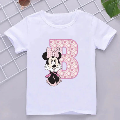 Minnie Children Cotton T-Shirts Letter A-Z Name Combination Disney Kawaii Cartoons Clothes Kids Little Boy Girl Tee Casual Tops