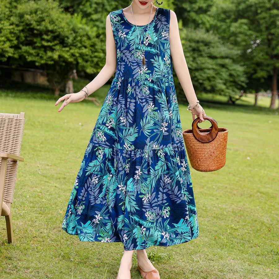 New Fashion Boho Long Dress for Women O-Neck Sleeveless Print Large Beach Long Dress Elegant Women's Dress 2024