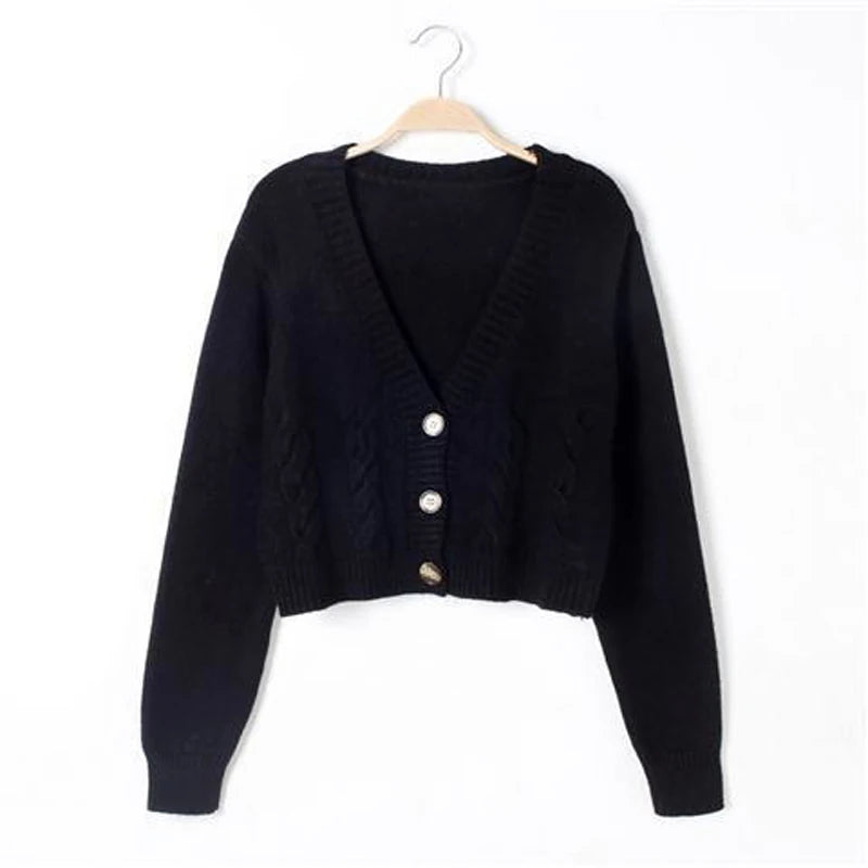 Autumn Winter New 2024 V Neck Short Cardigan Female Twist Sweater Coat Fall Single Breasted High Waist Women Knitted Jacket Tops