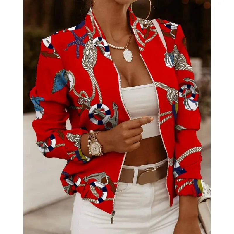 Autumn Commuter Long Sleeved Women's Top Standing Neck Zipper Cardigan Jacket Solid Color and Fashion Printed Casual Top Jacket