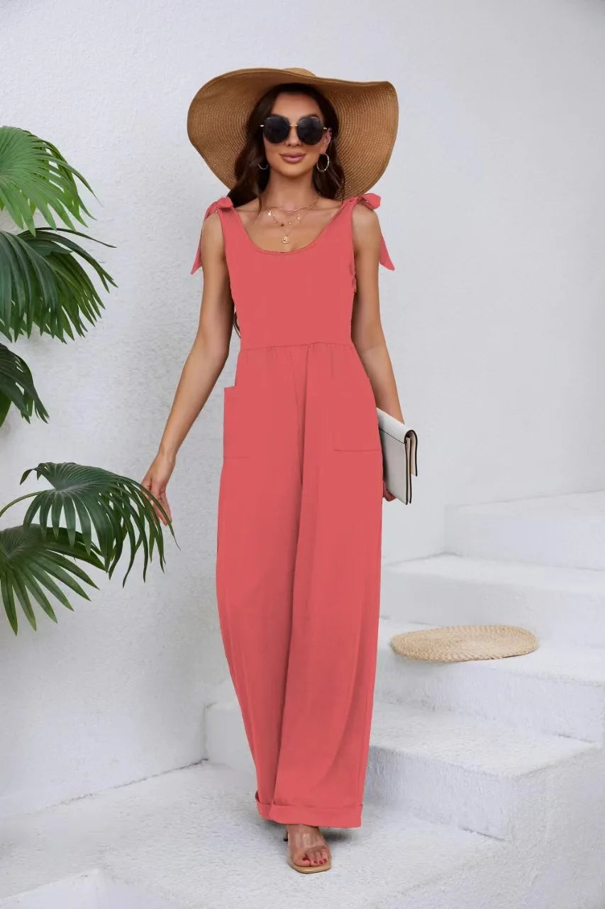 2024 Summer New Women's Amazon Source Solid Color Pocket Lace-Up Wide-Leg Jumpsuit Big U-neck Pants