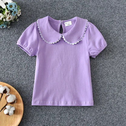 Girls T-shirts Summer Short Sleeve Cotton T shirt Peter Pan Collar Baby Toddler Girl Blouse Shirt Kids Tops Children's Clothes