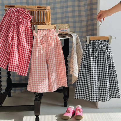 Kids Pants Plaid Printed Wide-leg Pants Flower Waist Summer Culottes Girls Pants Kids Clothes for Girls 2 To 8 Years