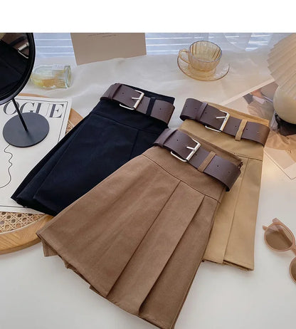 Teenage Girls Pleated Skirt Solid Casual All-match Cargo Skirt for Kids Short A-line High Waist Tutu Skirt Children With Belt