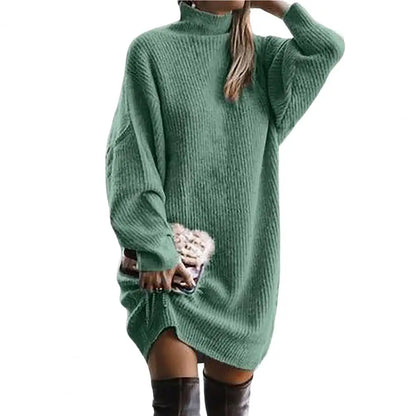 Fashion Midi Dress Coldproof Knee Length Women Winter Knitted Solid Color Pullover Knitting Dress