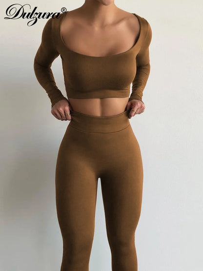 Dulzura Pure Solid Matching Suit Villus Crop Top Long Pants Sexy Y2K 2023 Autumn For Women Co Ords Set Sheath Wholesale Sexy