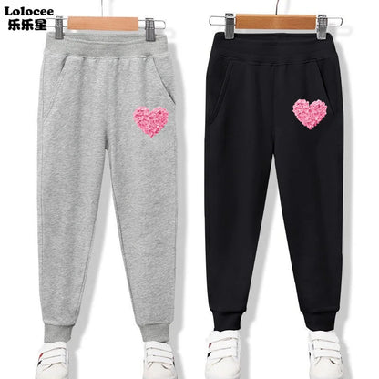 New Arrival Kids Elastic Pants Spring Autumn Cotton Girls Flower Heart Print Pocket Jogger Sweatpants Girls Clothing 3-14 Years