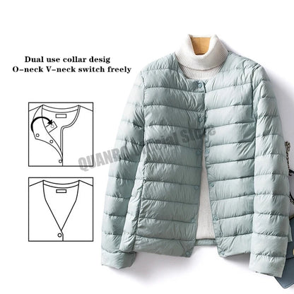 Women Liner Duck Down Jacket O-neck Variable V-neck 2022 New Female Winter Keep Warm Collarless Ultralight Quilted Puffer Coat