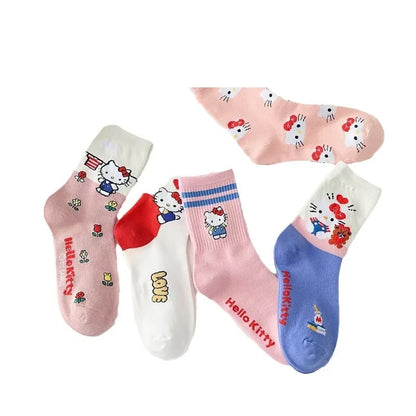 5pairs Kawaii Sanrio Cartoon Crew Socking  Anime Hello Kitty Kuromi Cinnamoroll Long Tube Harajuku Keep Warm Socks Girl Gift