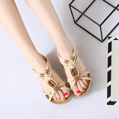 Woman Sandals Shoes 2023 Summer   Gladiator Beads  Slip On Lady Beach  Low Heel  Chaussure Femme