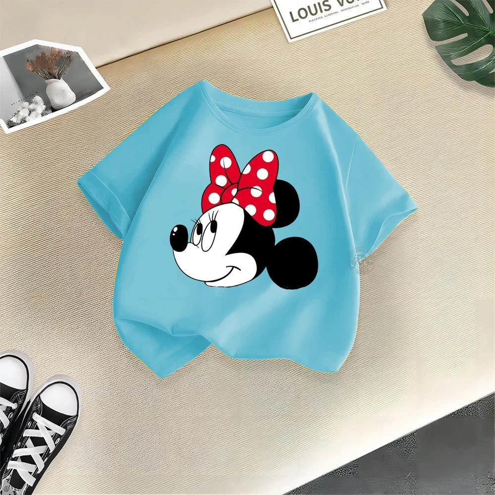 Disney Mickey Minnie Cartoon Printed Boys Girls Street Cotton T-shirt Baby Comfort Crewneck short sleeve top T-shirt top