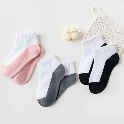 5 Pairs Spring Children Socks 100% Cotton Kids Fashion Black White Pink Student Baby Girl Boy Sports Short Socks For 1-12 Years