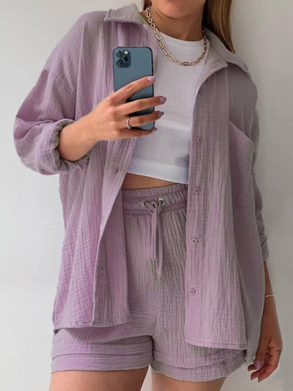 Short Sets Female Clothing Long Shirt High Waisted Shorts Solid 2-pcs Set Casual Button Outfits Loose Fit Suit Streetwear Summer