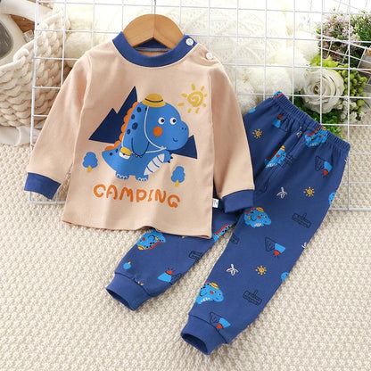 2024 New Kids Boys Girls Pajama Sets Cartoon Print Long Sleeve Cute T-Shirt Tops with Pants Toddler Baby Sleeping Clothing Sets