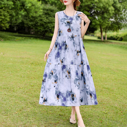 New Fashion Boho Long Dress for Women O-Neck Sleeveless Print Large Beach Long Dress Elegant Women's Dress 2024