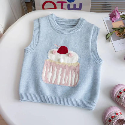 Baby Girl Cartoon Knitted Sweater Vest Infant Toddler Child Waistcoat Knitwear Sleeveless Spring Autumn Baby Clothes 1-7Y