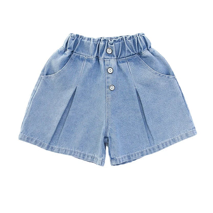 Big Girls Denim Blue Color Short Jeans Kids Elastic Waist Shorts Pants Teenager Summer Casual Short Pants 5 7 8 9 11 12 14 Years