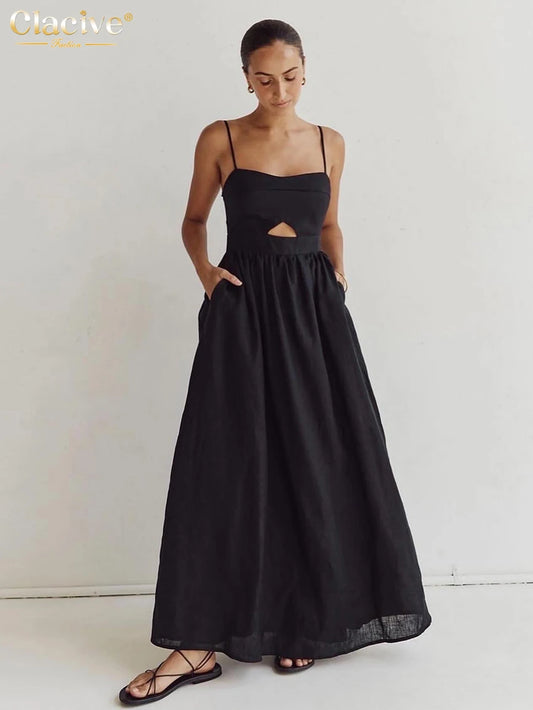 Clacive Sexy Loose Black Cotton Womens Dresses 2024 Summer Strap Sleeveless Ankle Length Dress Elegant Hollow Out Female Dress